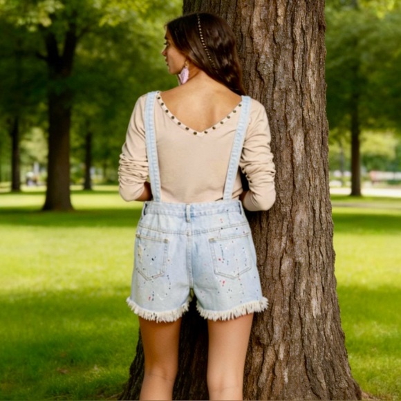 POL DYLAN Stylish Light Blue Denim Short Overalls with Plaid Pockets NWOT - Picture 4 of 7